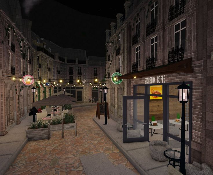 an animated image of a street at night with tables and umbrellas on the sidewalk