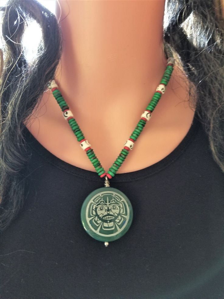 Northwest Coast First Nation Haida Art Sun and Bear Necklace. Tribal Necklace, Haida Jewelry. Bone Beads, Sandblasted Carved Sun and Bear Green Agate Pendant.