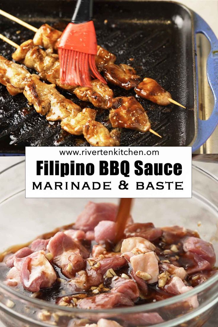 the process of cooking chicken skewers with marinade and baste