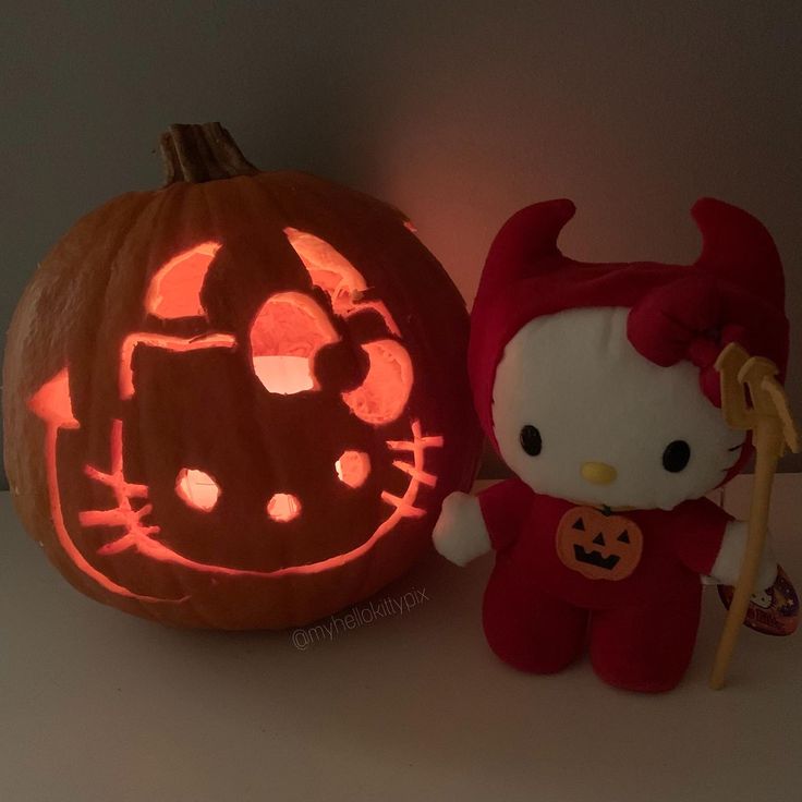 a hello kitty pumpkin sitting next to a stuffed animal