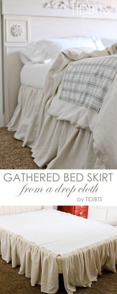 a bed with white linens and ruffled bedspread