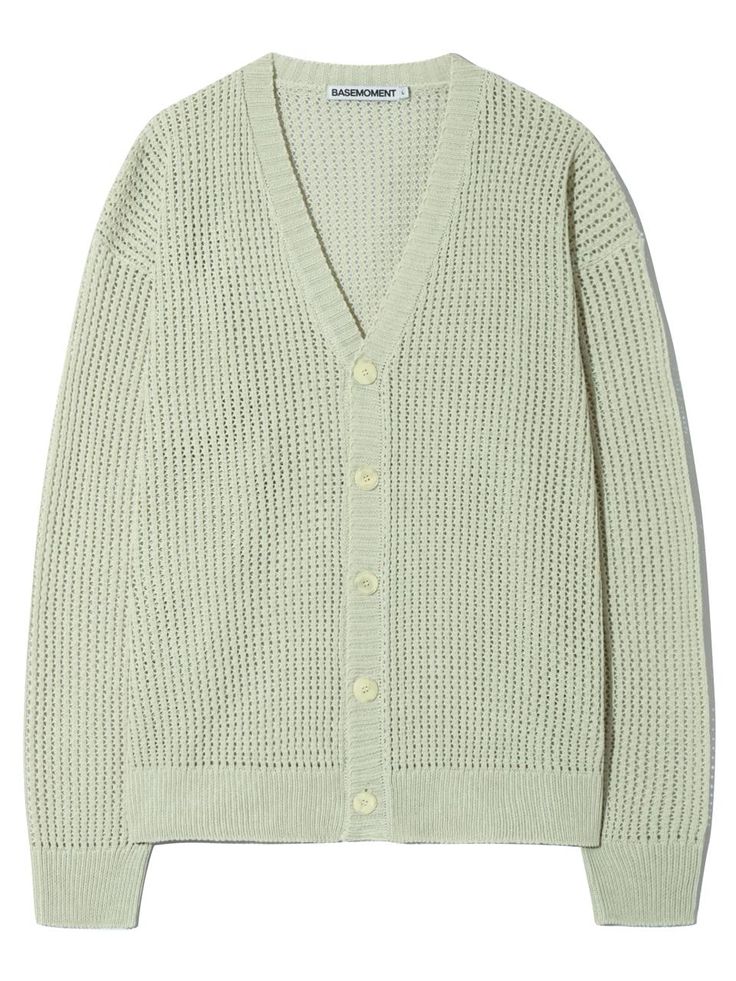 This is a casual and comfortable knit cardigan by BASEMOMENT that is made out of high quality and sturdy fabric. With minimal design detail and trendy mood, you can style it for your casual and young daily outfit.- 495G knit fabric with cool feeeling- Herashi detail on the armhole- Pearl type poly buttons- Cropped semi oversized silhouette Cotton Soft Knit V-neck Cardigan, Everyday Cotton Soft Knit Cardigan, Green Knitted Cotton Cardigan, Trendy Cotton Winter Cardigan, Knit Cotton Outerwear For Layering, Trendy Cotton Cardigan For Winter, Everyday Soft Knit Cotton Cardigan, Oversized Cotton V-neck Cardigan, Casual Green Knit Cardigan