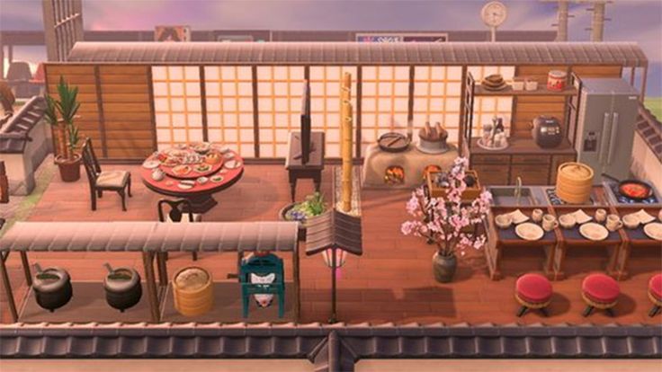 Animal Crossing Japanese Restaurant, Animal Crossing Restaurant Ideas, Animal Crossing Restaurant, Acnh Zen Garden, Animal Crossing Movie, Anime Island, Acnh Japanese, Japan Town, Japanese Theme