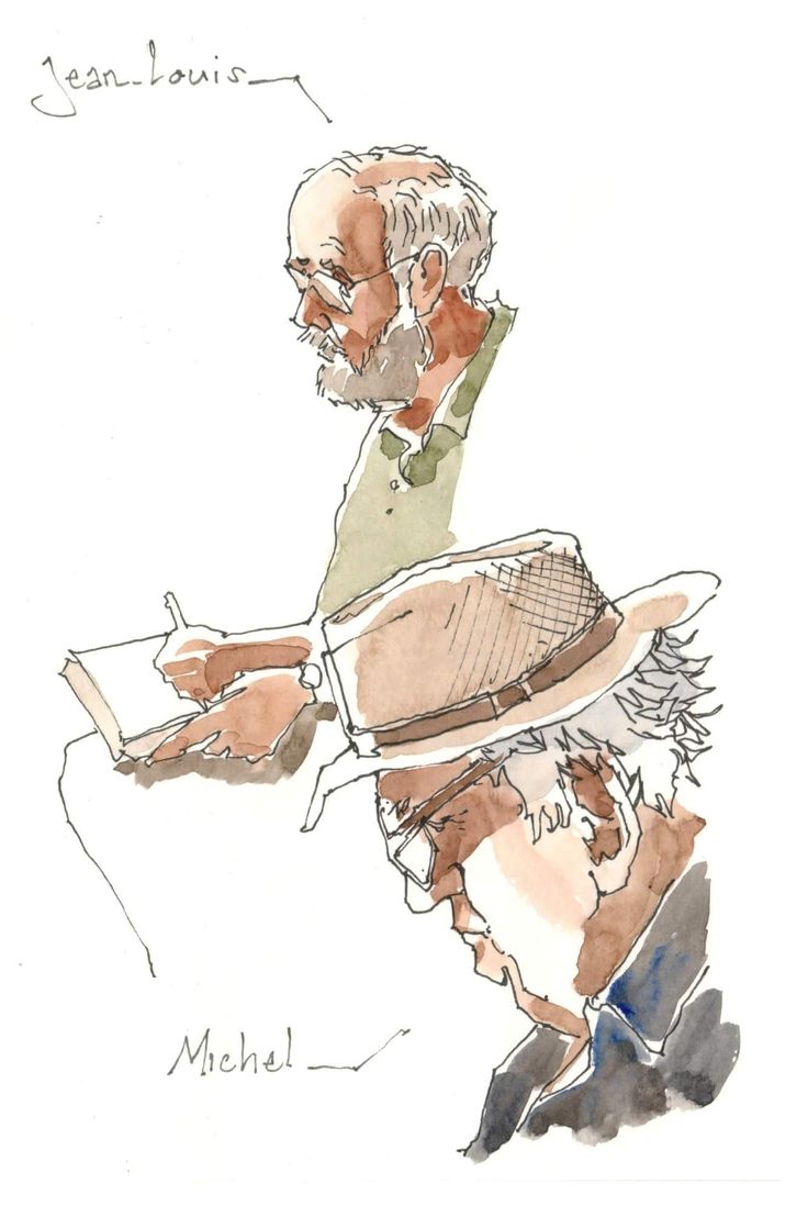 a drawing of an older man sitting at a table with a book in his lap