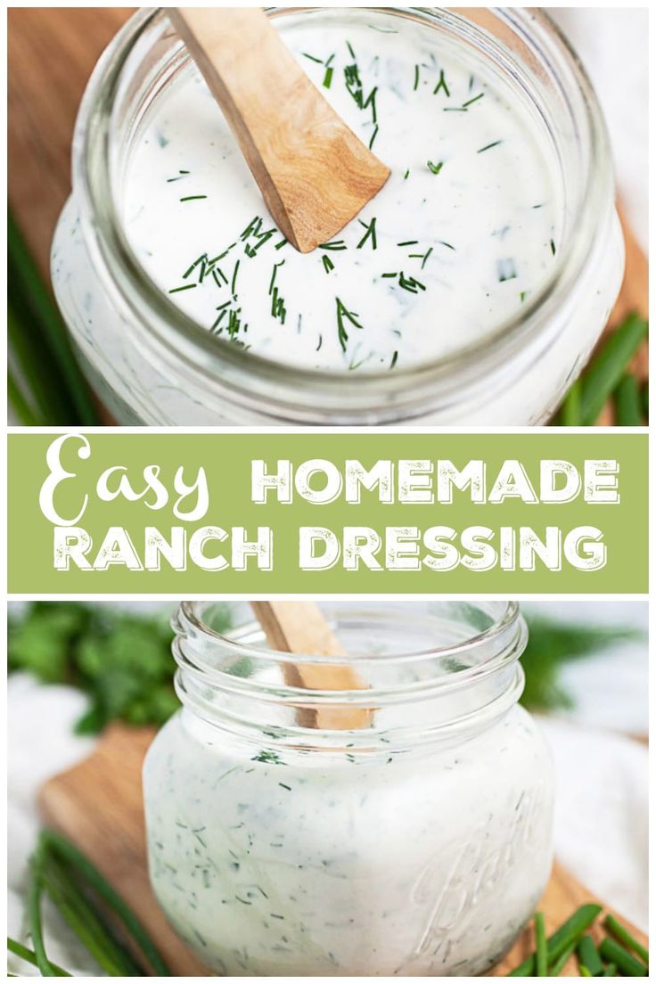 homemade ranch dressing in a mason jar with a wooden spoon and fresh herbs on the side