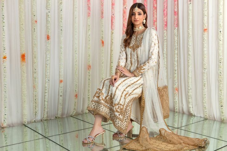 Wardah | Pakistani Designer Outfit | Sarosh Salman Gold Maxi-length Dupatta With Zari Work, Elegant Floor-length Dupatta With Gold Embroidery, Elegant Semi-stitched Gold Embroidered Salwar Kameez, Eid Floor-length Gold Embroidered Dupatta, Gold Embroidered Raw Silk Floor-length Dupatta, Zardozi Embroidery, Designer Outfit, Net Dupatta, Pakistani Designers