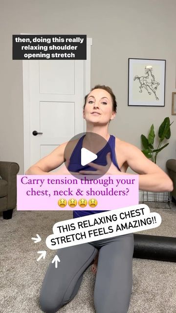 a woman is sitting on the floor with her arms crossed and holding a sign that says, carry tension through your chest, neck & shoulders?