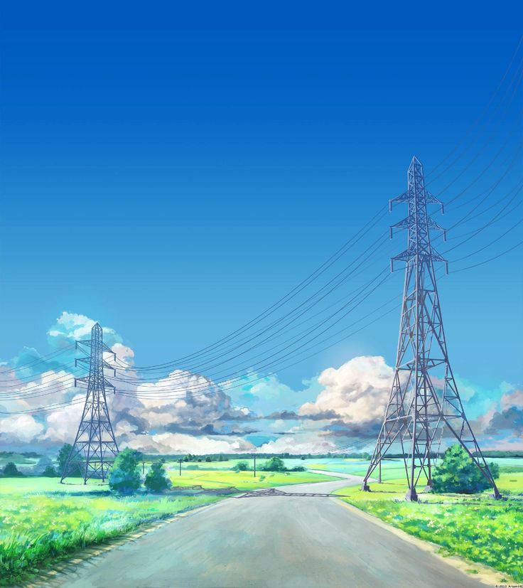 an anime scene with power lines in the distance and green grass on the other side