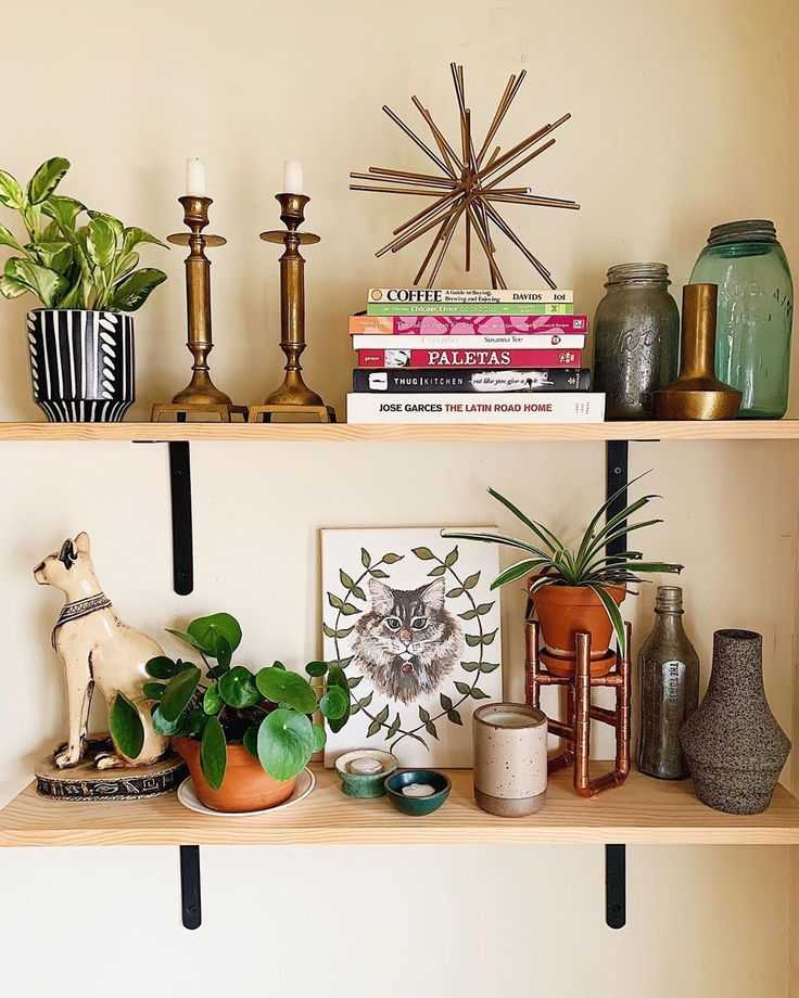 three shelves with books, plants and other decorative items on top of them in front of a wall