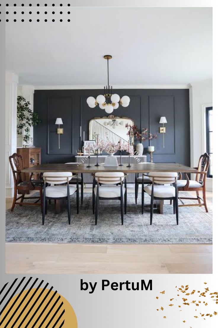 the dining room is decorated in black and white with gold accents on the wall, along with an area rug