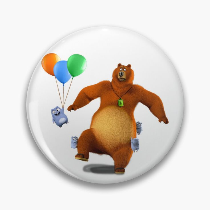 a button with an image of a bear holding balloons