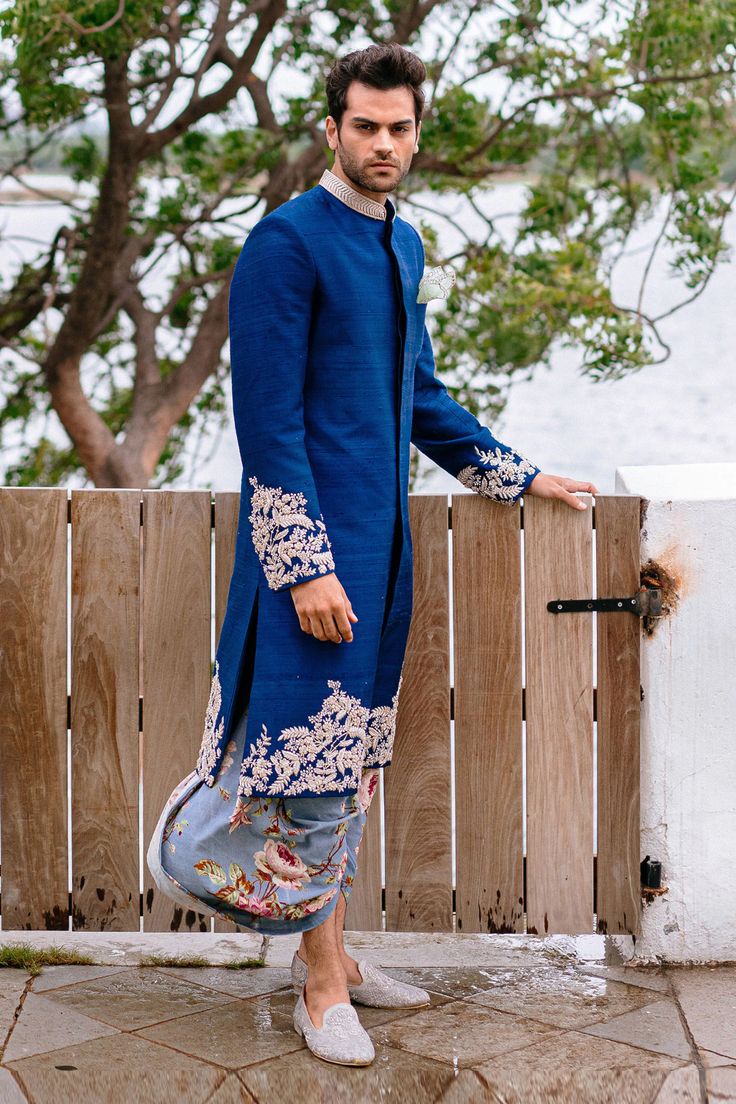 Anushree Reddy Mens Wear, Navy Blue Sherwani, Engagement Dress For Men, Couples Dress, Blue Sherwani, Embroidered Sherwani, Dresses For Men, Dapper Suits, Wedding Dresses Men Indian