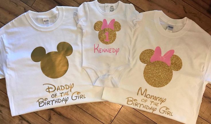 two baby onesuits with minnie mouse ears and the words daddy of the birthday girl on them