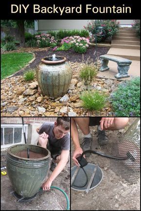 a collage of photos showing how to make a backyard fountain