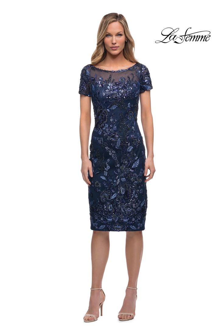 La Femme 29959 Navy 16 Mother of the Bride/Groom Spring 2021 Floral Cocktail Dress, Elegant Prom Dresses, Wedding 2024, Midi Sheath Dress, Cocktail Dress Lace, Bride Style, Groom Dress, Bride Dresses, Mother Of The Bride Dresses