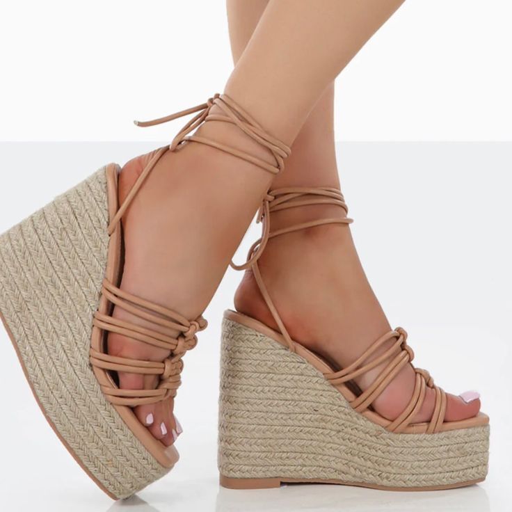 These Super High Wedges Are An Ibiza Fave And Will Get You Ready To Dance The Night Away In Style. We're Pairing These High Heels With A Black Ribbed Bodycon Dress And A Super Cute Mini Handbag For A Stunning Look. Upgrade Your Out Out Look Today With This Cuties In Nude. Heel Height: 5.5'' Fabric Composition: Synthetic. Manmade Pu. They Are Brand New, I Never Wear Then No Even Once Beach High Heel Lace-up Synthetic Sandals, Brown Heels For Summer Vacation, High Heel Synthetic Lace-up Sandals For Beach, Beige High Heel Sandals For Beach Season, Beige Platform Lace-up Sandals, Beige Round Toe Heels For Beach Season, Beige Heels For Beach Vacation, Beige Heels For Beach Season Vacation, Brown Strappy Synthetic Wedge Sandals