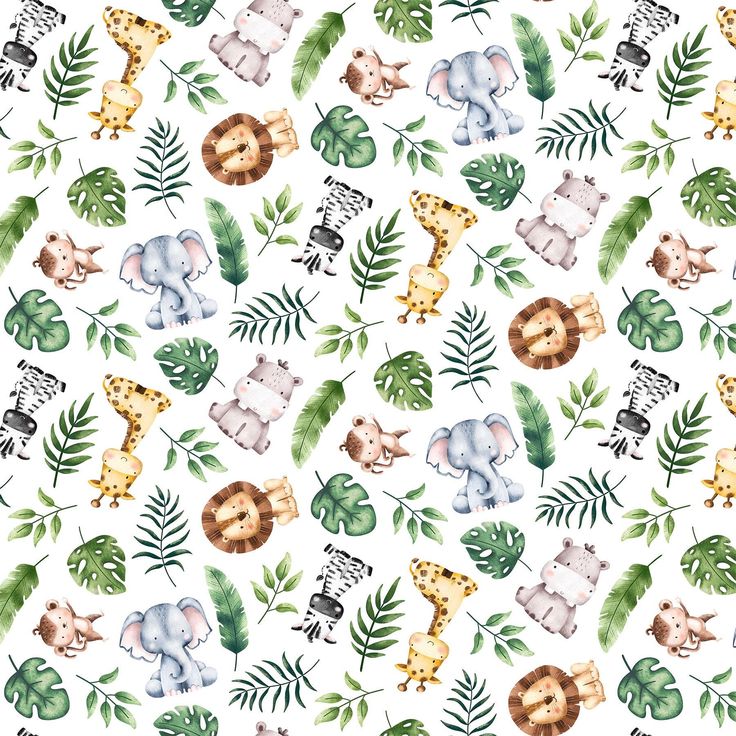 watercolor jungle animals and palm leaves on a white background seamless wallpaper pattern