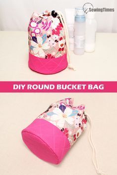 the back and side view of a pink flowered bucket bag on a white table