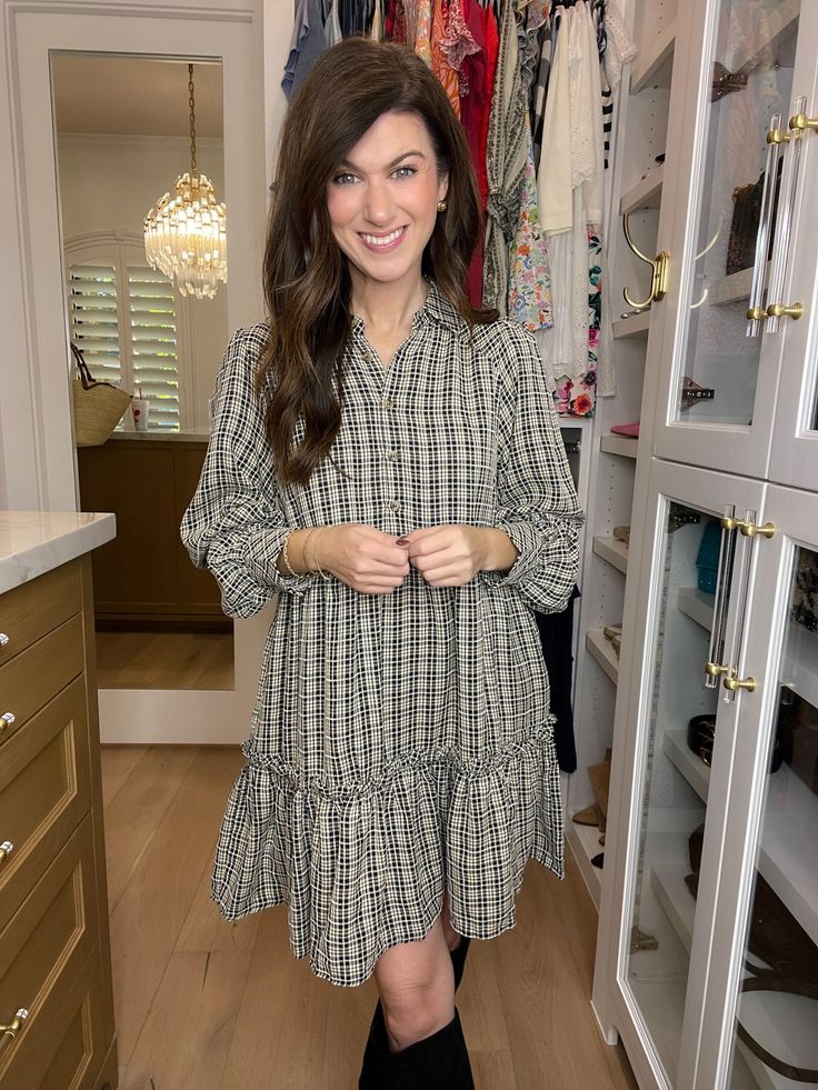 This dress a timeless style that looks high-end. We're talking all the Free People vibes. The color combination is the epitome of chic and the addition of tiered ruffles gives it a feminine feel. This versatile option is sure to have you walking with an extra dose of confidence. Style with your fave boots, sneakers, or heels. Plaid is black, white, and cream. This is not lined but not sheer. Dress has pockets. Dress measures 34" in length. Bust measures 20" from underarm seam to seam. Measuremen Skirt Extender, Deodorant Stains, Boots Sneakers, Plaid Dress, Sheer Dress, Color Combination, Timeless Style, Color Combinations, Timeless Fashion