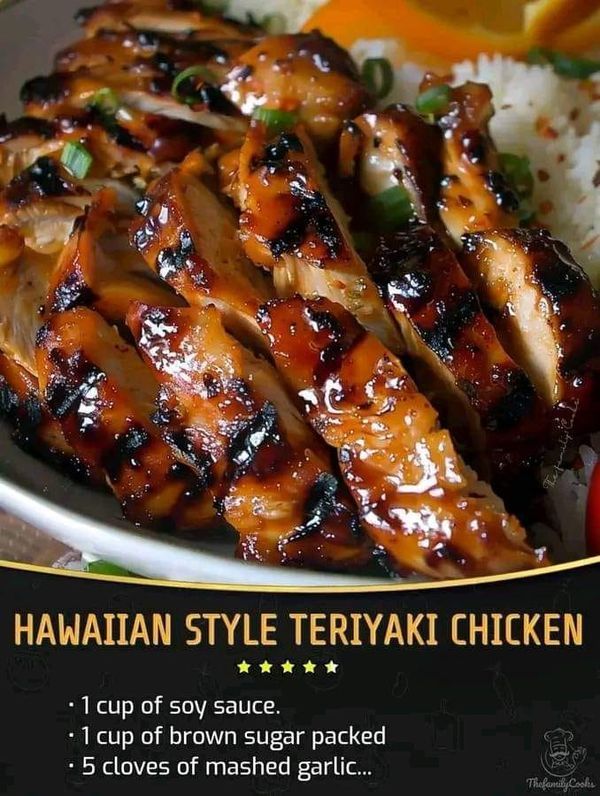 an advertisement for hawaiian style teriyaki chicken on a plate with rice and garnishes