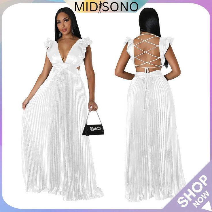 MidiSono - Sexy Backless Deep V Pleated Maxi Dress Pleated Maxi Dress, Pleated Maxi, Dresses By Length, Long Maxi Dress, Deep V, Women's Fashion Dresses, Long Dress, Maxi Dress, Fashion Dresses