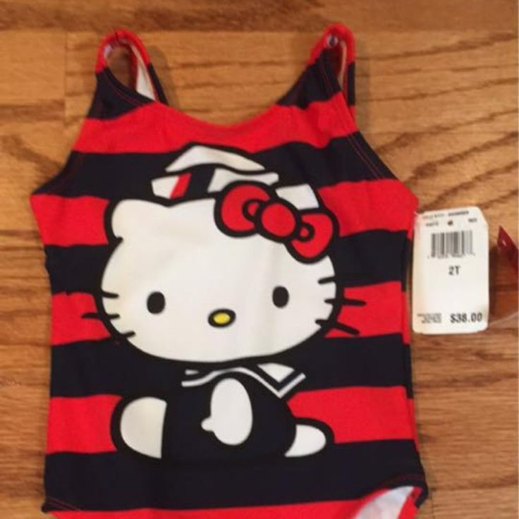 Nwt-Hello Kitty Swimsuit, Size 2t, Orig $38, Red And Navy Stripes Red Fitted Bodysuit For Playtime, Red Fitted Bodysuit For Casual Wear, Fitted Fun Bodysuit For Playwear, Fun Fitted Bodysuit For Playwear, Cute Fitted Bodysuit With Cartoon Print, Cute Red Fitted Bodysuit, Cute Fitted Red Bodysuit, Cute Red Swimwear For Playtime, Cute Stretch Bodysuit For Playwear