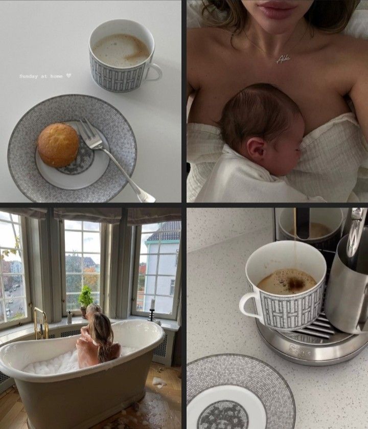 a woman is taking a bath with her baby in the tub, and then drinking coffee