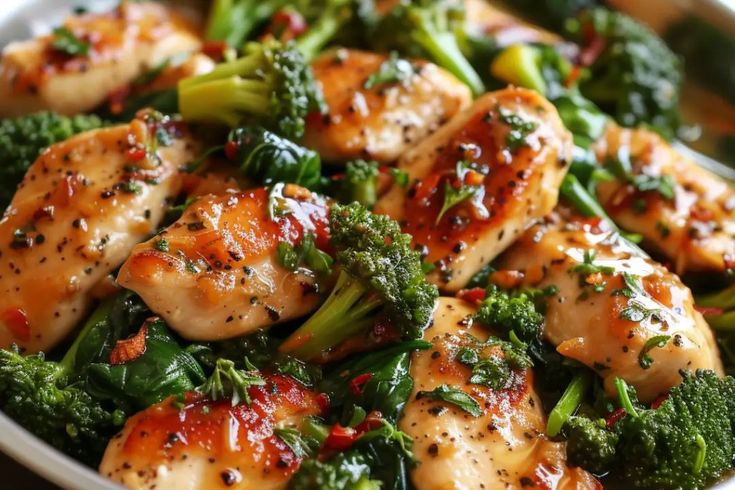 chicken and broccoli in a white bowl with seasoning on the top, ready to be eaten