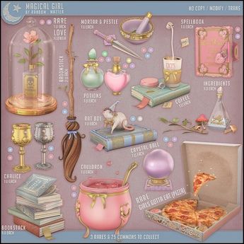 a poster with various items that include books, perfumes and other things in it