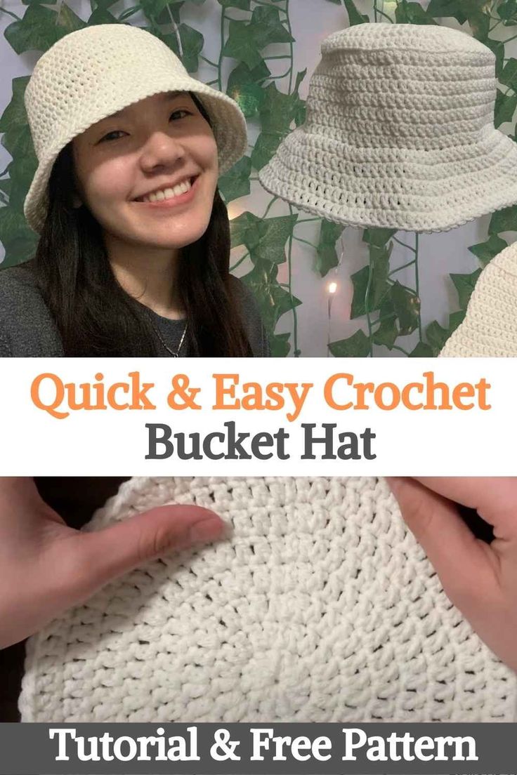 a woman wearing a white crochet bucket hat with text overlay that reads, quick and easy crochet bucket hat