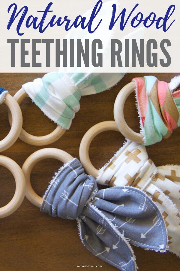 several wooden teeth rings with text overlay that says natural wood teeth ring sewing kit