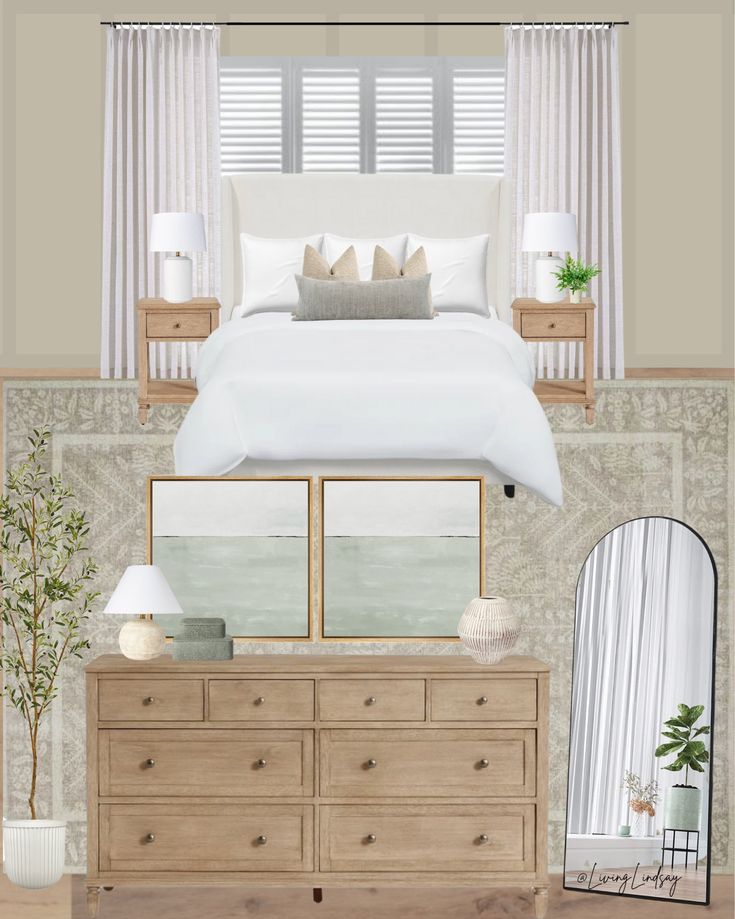 the bedroom is decorated in neutral colors