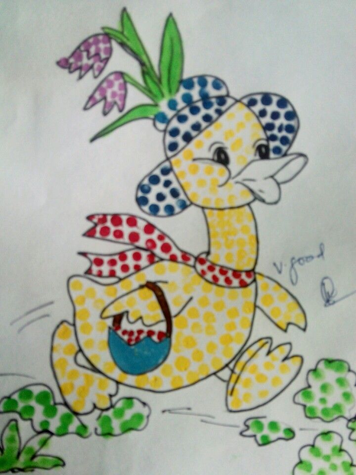 a drawing of a cartoon duck with flowers on it's head and polka dots