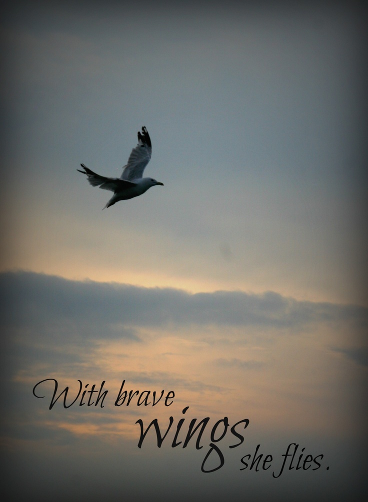 a bird flying in the sky with words above it that read, with brave wings she flies