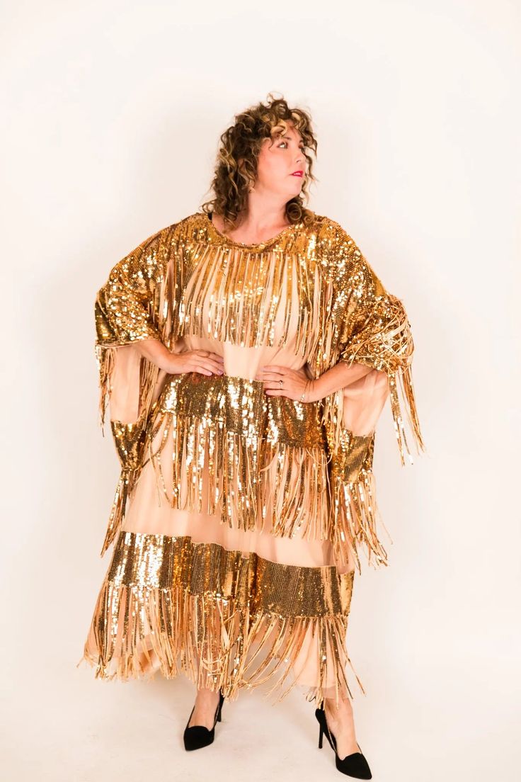 Gold Sequin Fringe Long Caftan - Fringe+Co Bohemian Sequin Kaftan For Parties, Gold Bohemian Kaftan For Party, Long Sequined Kaftan For Party, Festive Sequin Maxi Length Kaftan, Bohemian Sequin Kaftan For Festivals, Festive Maxi-length Sequined Kaftan, Bohemian Festival Kaftan With Sequins, Embroidered Caftan, Stretch Mesh Fabric