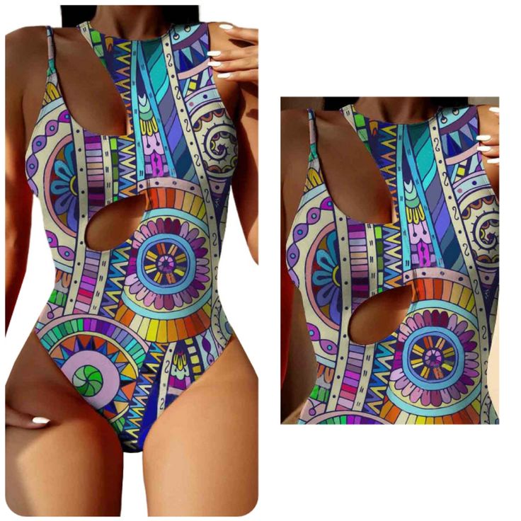 Boho Tribal Print Cut-Out One-Piece Swimsuit Actual Item Has A Slight Variation In Color From The Cover Shot (See Pics) This Swimsuit Uses Classy Soft And Lightweight Fabric, It Allows You To Wear It For A Long Time Without Burden Simple And Elegant, Boho Style And Tribal Print /Tummy Control Design And Built-In Bra This One Piece Is Perfect For Tropical Vacations, Summer, Beach, Pool, And Honeymoon Color Boho All Over Print Purple Bodysuit For Poolside During Beach Season, Purple Beachwear Bodysuit For Poolside, Multicolor Sleeveless Bodysuit For Festivals, Sleeveless Multicolor Bodysuit For Festivals, Multicolor One-piece Swimwear For Festival, Summer Beach Bodysuit In Purple, Purple Bodysuit For Poolside And Beach Season, Purple Summer Beach Bodysuit, Summer Beach Purple Bodysuit