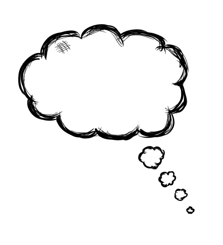 a black and white drawing of a thought bubble with two small clouds in the middle