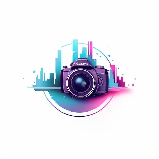 a digital camera sitting on top of a white background with colorful buildings in the background