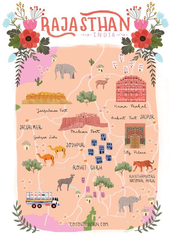 an illustrated map of the city of raasthan, with animals and flowers around it