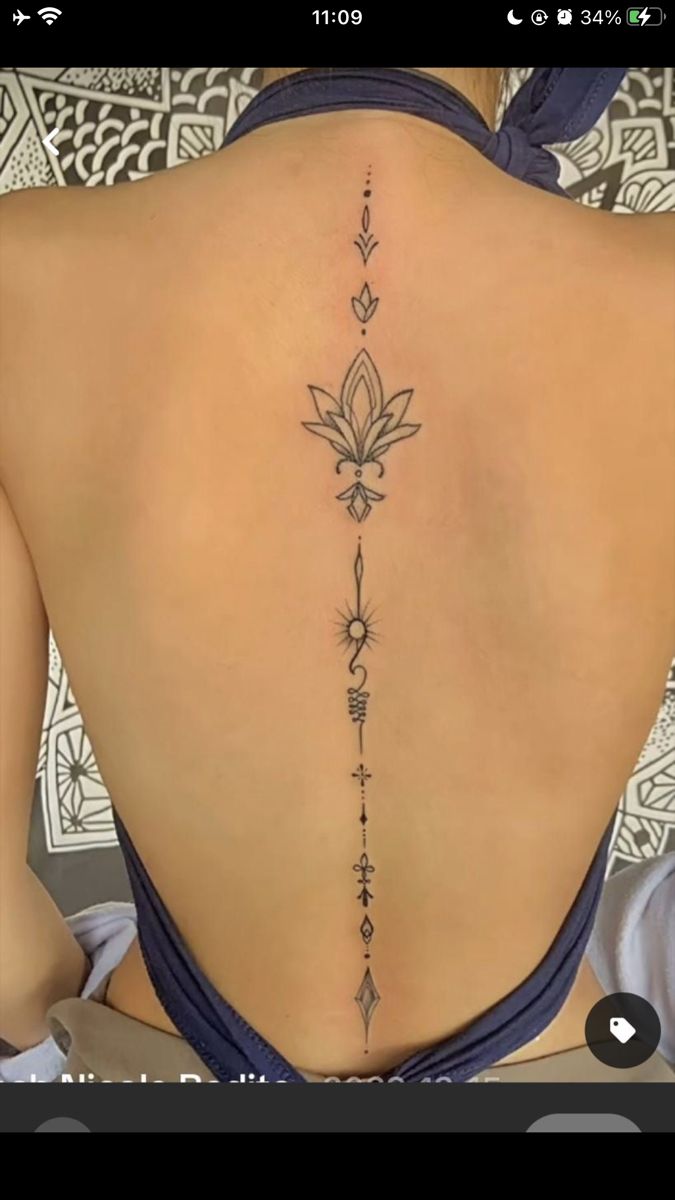 Fine Line Chinese Character Tattoo, Ornamental Spine Tattoos For Women, Back Tatoos Woman Black, Spine Tattoos For Women Dragon, Womens Spine Tattoos Ideas, Woman’s Back Tattoo, Cross Spine Tattoo, Tattoo Ideas Female Back Spine, Back Spine Tattoo Women