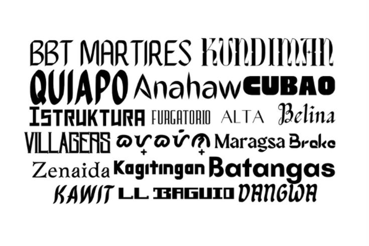 some type of font that is black and white with the words written in different languages