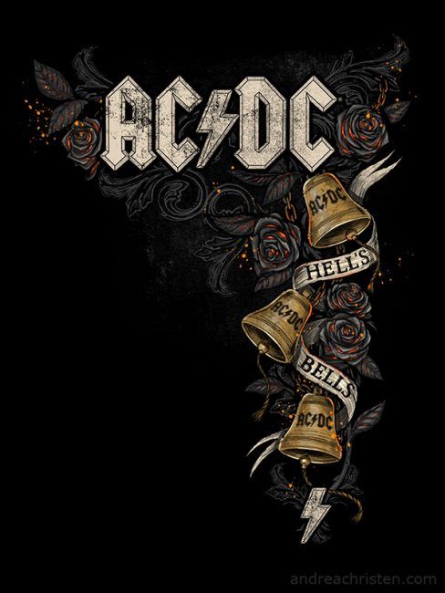 the band ac / dc's logo on a black background with roses and two bells