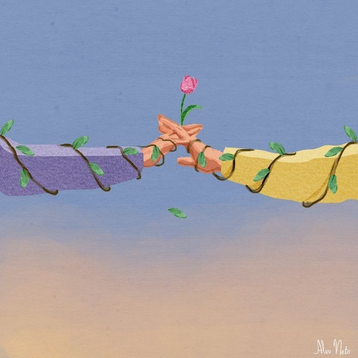 a drawing of two people pulling each other's strings with flowers on them and one person holding the string