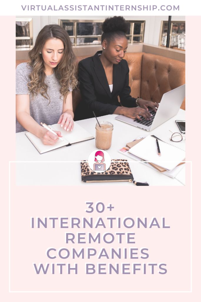 two women sitting at a table with laptops and papers in front of them text reads 30 international remote companies with benefits