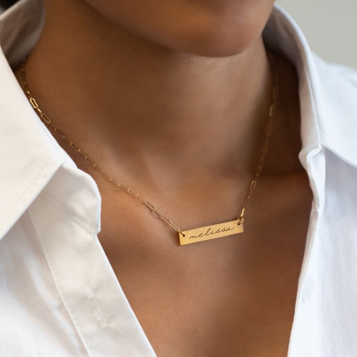 This personalized engraved bar necklace is the perfect keepsake jewelry piece. Bar 1.2x0.2in (31x5mm) Adjustable chain length: 17-20in (38-51cm) Laser Engraving Gold Filled Spring clasp closure Hypoallergenic, lead and nickel free #252GF Silver Nameplate Bar Necklace For Everyday, Minimalist Custom Name Bar Necklace For Anniversary, Minimalist Nameplate Bar Necklace For Anniversary, Elegant Nameplate Necklace With Engraving Option, Everyday Nameplate Bar Necklace With Custom Name, Minimalist Engraved Rectangular Bar Necklace, Everyday Custom Nameplate Bar Necklace, Minimalist Engraved Nameplate Necklace, Minimalist Custom Name Bar Necklace As Personalized Gift