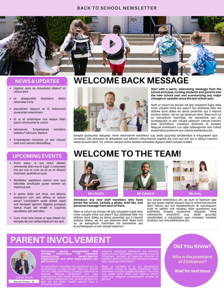 the back to school flyer is shown in purple and white with an image of people walking down