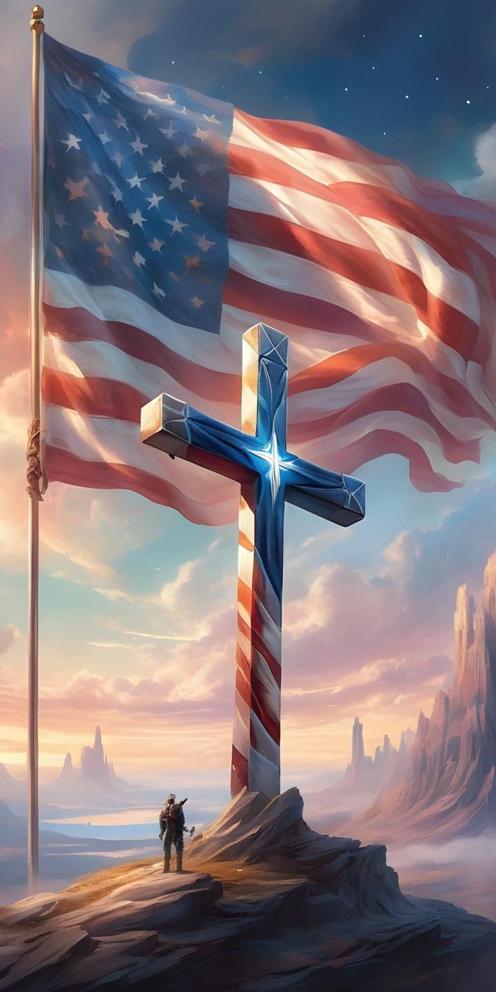 a painting of a cross with an american flag on it and a man standing next to it