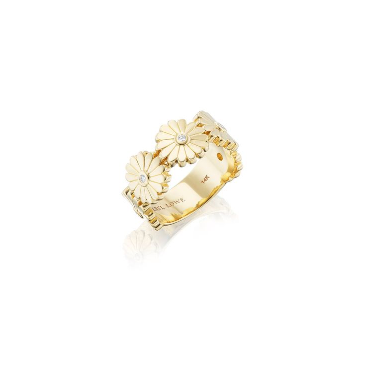 14k yellow gold Diamonds, approximately 0.07 carats Band 9mm wide Sizes 7, 8 & 9 in stock; all other sizes are Handmade to order, expected shipping 6-8 weeks Half sizes available upon request Designed in California Style number: RG168 Yellow Gold Diamond Cut Flower Ring, Yellow Gold Diamond Flower Ring, Anniversary Yellow Gold Flower Ring With Single Cut Diamonds, Heirloom Diamond Flower Ring In Yellow Gold, Gold Flower Ring With Brilliant Cut, Gold Brilliant Cut Flower Ring, Stackable Flower Ring In Yellow Gold, Luxury Yellow Gold Flower Ring With Brilliant Cut, Luxury 14k Gold Flower Ring