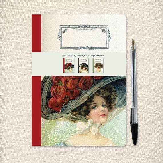 a notepad with an image of a woman's hat and flowers on it