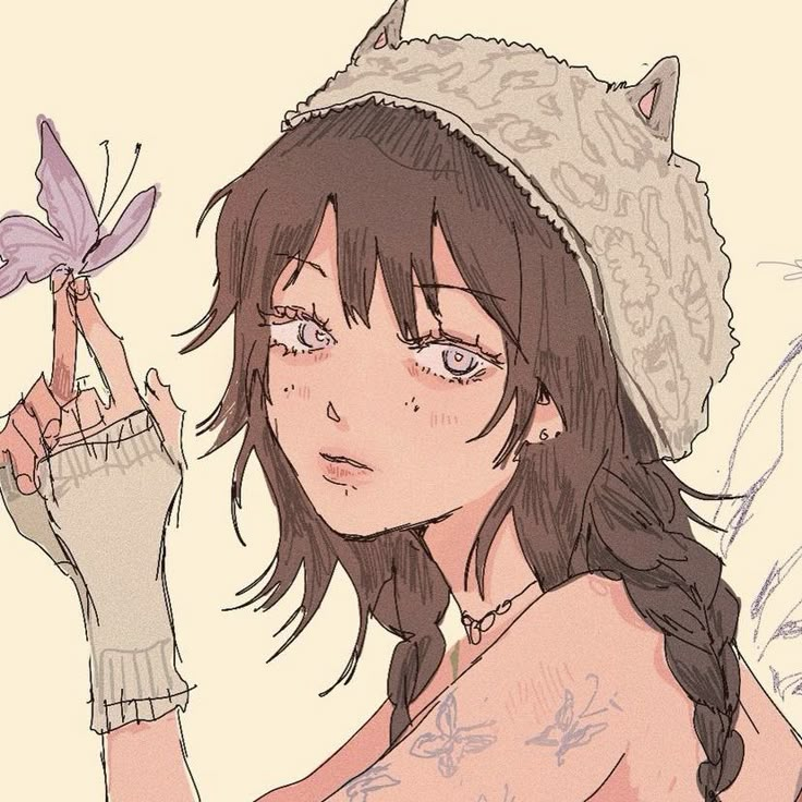 a drawing of a girl holding a butterfly in one hand and wearing a hat on the other